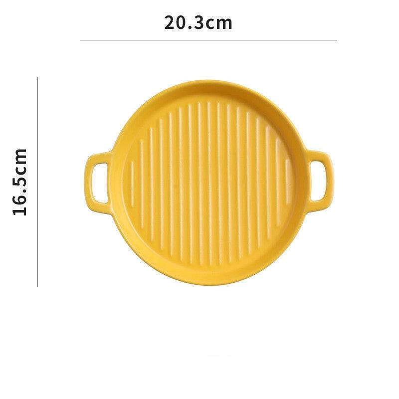 Yellow ceramic bakeware plate with handles, 20.3cm diameter, for oven, microwave, and dishwasher.