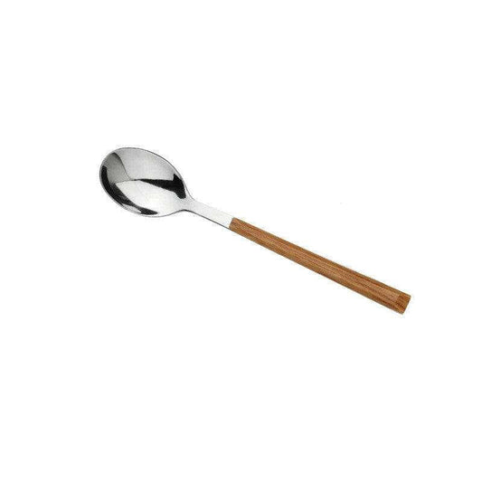 Stainless steel and wooden cutlery set, featuring a sleek spoon design with ergonomic wooden handle, 16cm length, weighing 24g.