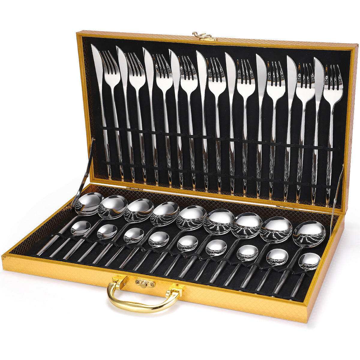 Stainless Steel Cutlery Set with 36 silver pieces and elegant design.