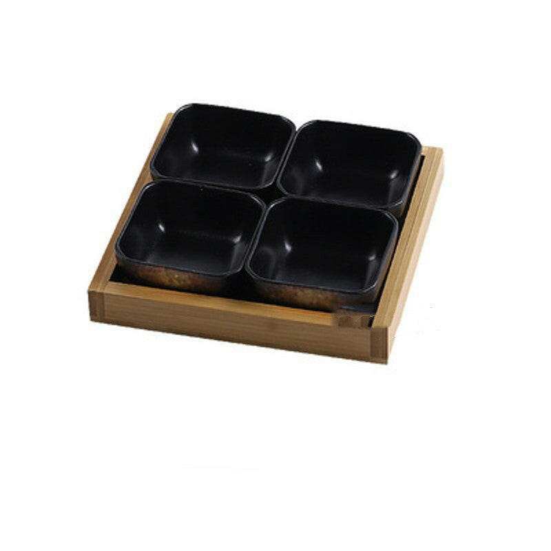 Ceramic bowls with bamboo tray set for serving appetizers and snacks.