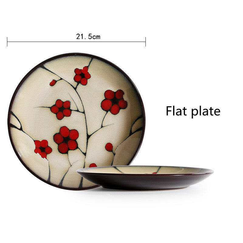 Fine Dining Dishes Japanese floral porcelain flat plate with red blossom design, 21.5 cm diameter.