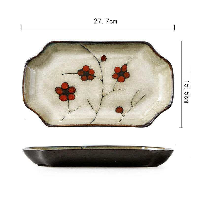 Fine Dining Dishes Japanese floral porcelain plate with cherry blossom design, measuring 27.7 cm by 15.5 cm.