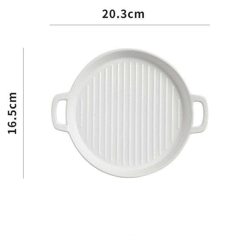 White ceramic bakeware plate with handles, 20.3cm diameter, suitable for oven, microwave, and dishwasher.