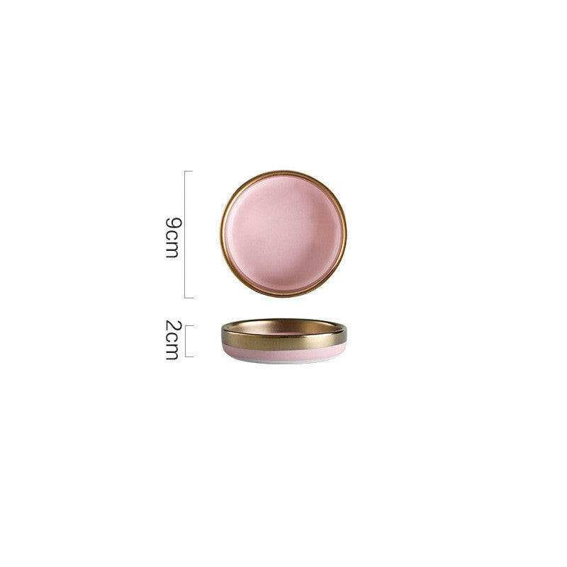 Pink Mood ceramic dining plate with gold rim, 9cm diameter.