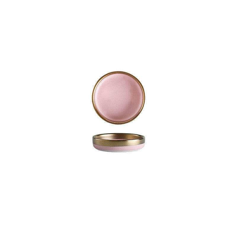 Pink Mood ceramic dining plate with gold rim, 9cm diameter.