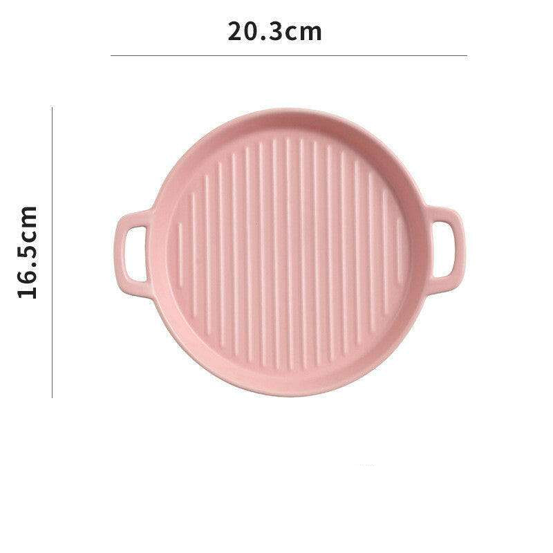 Pink binaural food plate, 20.3cm diameter, with handles, suitable for oven, microwave, and dishwasher.