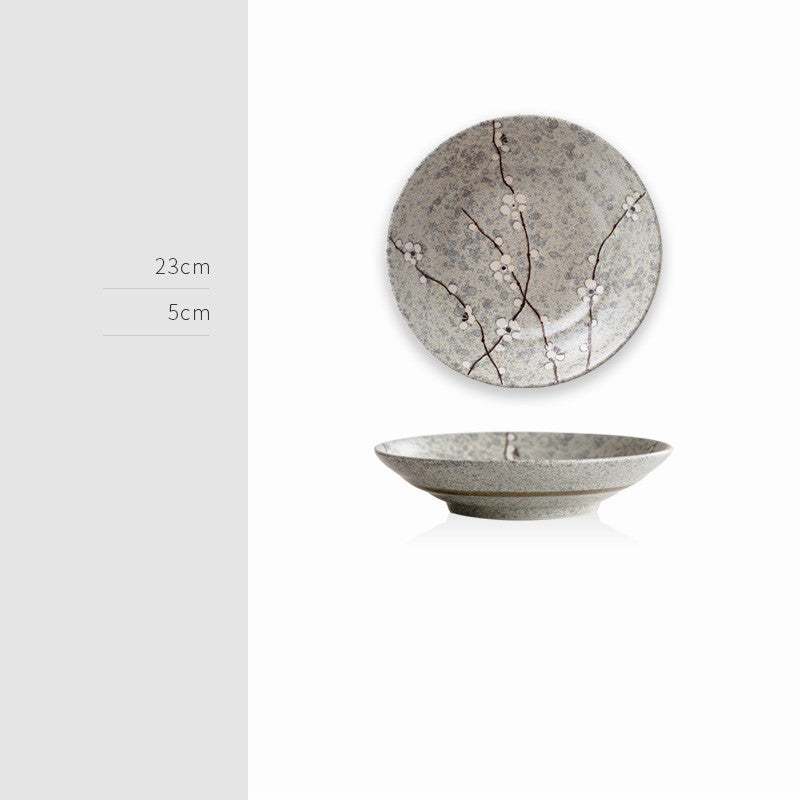 Retro Japanese ceramic plate with elegant design and textured surface, 23cm diameter, 5cm height.