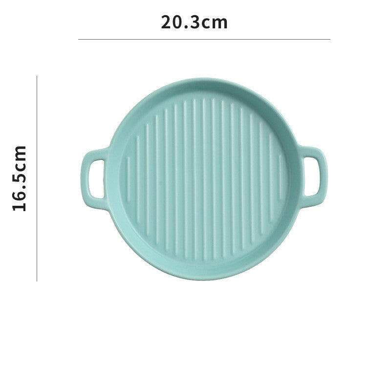 Round bakeware with handles, 20.3cm diameter, light blue, suitable for oven, microwave, dishwasher.