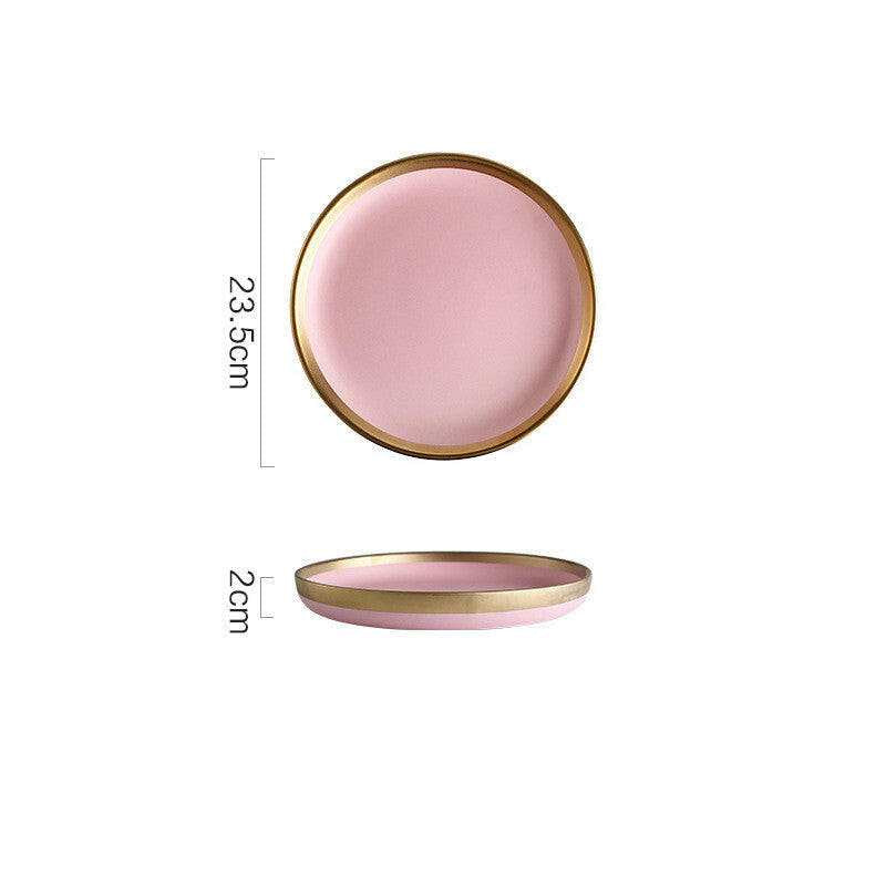 Pink Mood dining set plate with gold rim, 23.5cm diameter.