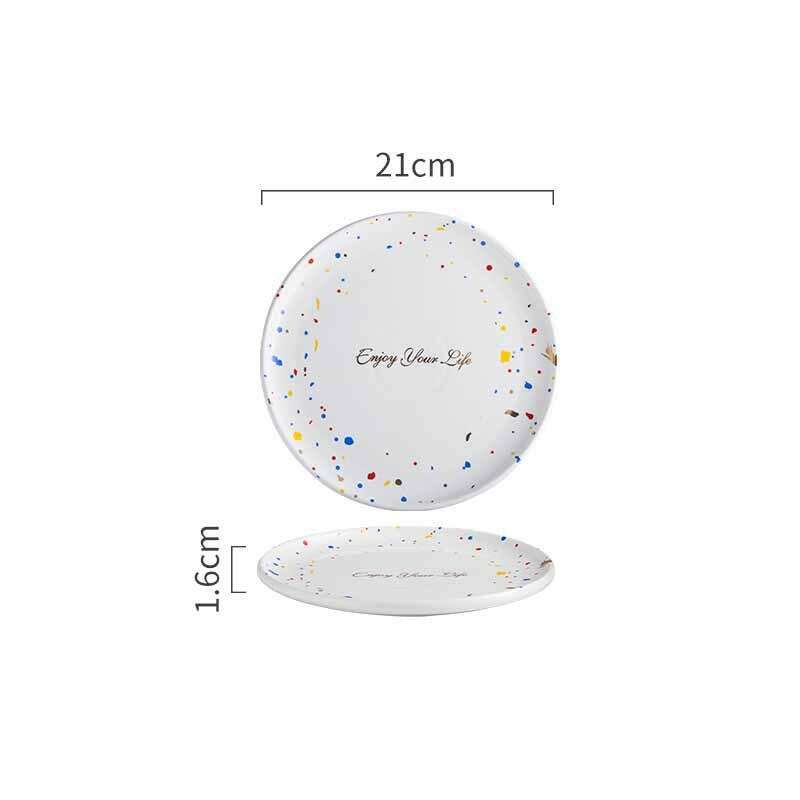 Elegant 21cm plate from the Graceful Dinnerware Set with colorful speckles and "Enjoy Your Life" text.