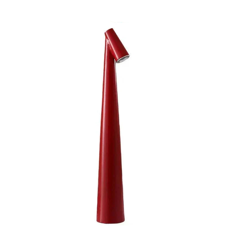 Portable LED Light with touch sensor, sleek conical design, red color, minimalist, rechargeable and portable table LED lighting.