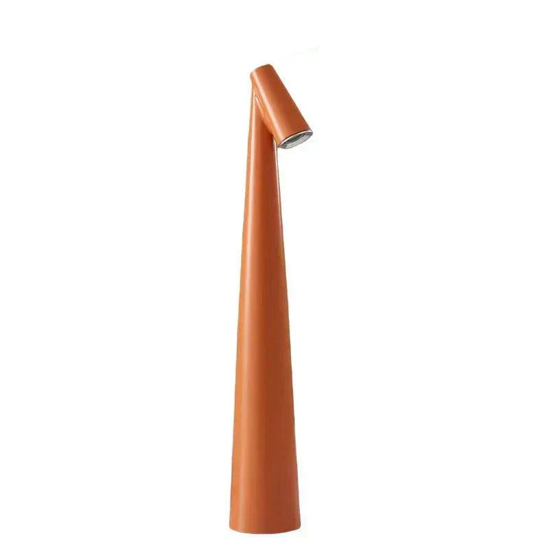Portable LED Light with touch sensor, sleek conical design, orange color, minimalist, rechargeable and portable table LED lighting.