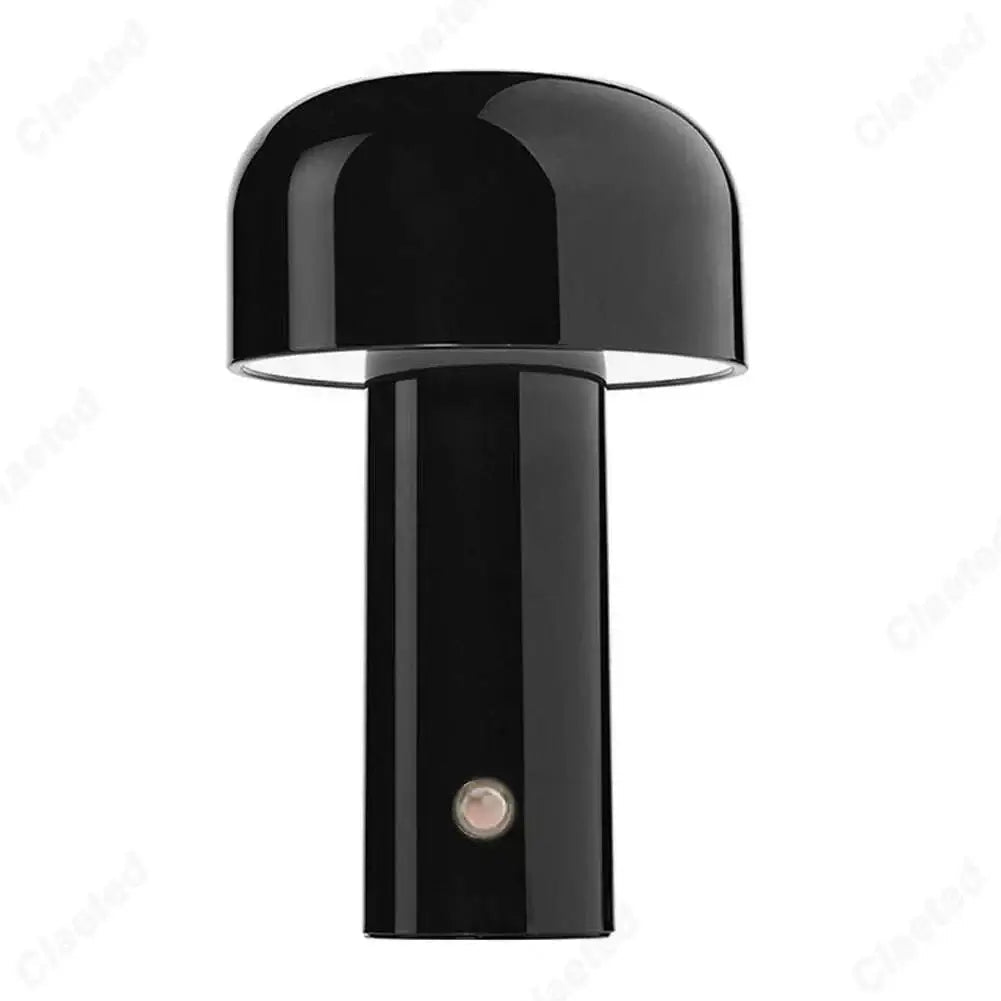 Rechargeable portable table lamp in sleek black design, minimalist elegance, modern home accessory.
