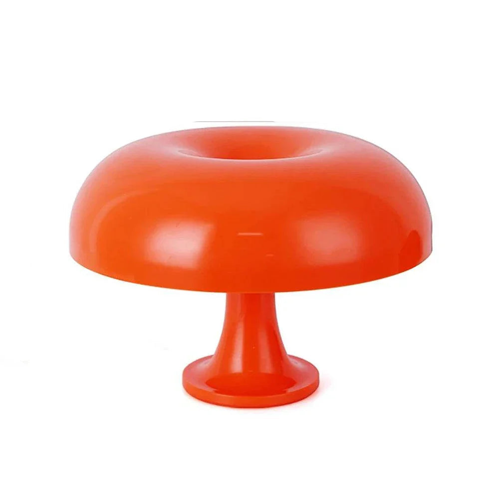 Orange mushroom table lamp with dome design and smooth surface, 28cm diameter and 19.5cm height.