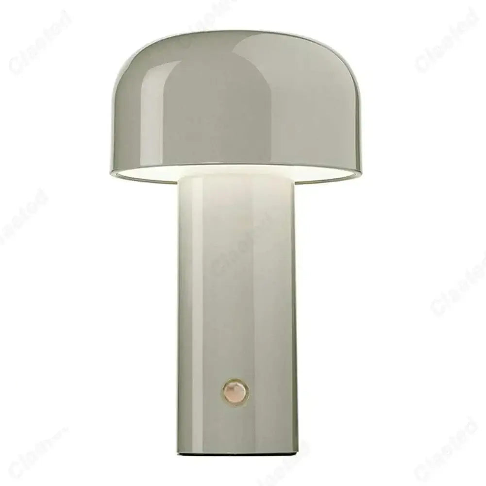 Sleek grey rechargeable portable table lamp with a modern, minimalist design and glossy finish.