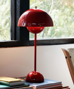 Iconic FlowerPot Lamp, red color, classic Scandinavian design.