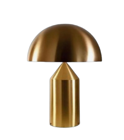 Table Lamp Atollo in gold with minimalist geometric design featuring a hemispherical shade on a cylindrical base.