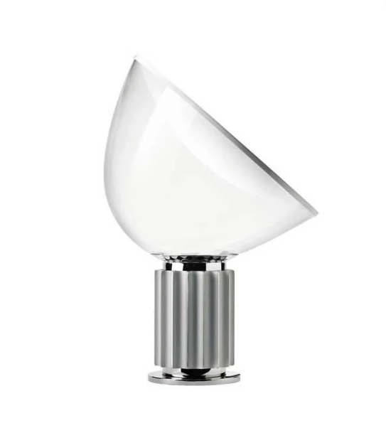 Contemporary Table Lamp Radar with silver-tone grooved base and tilted half-dome shade