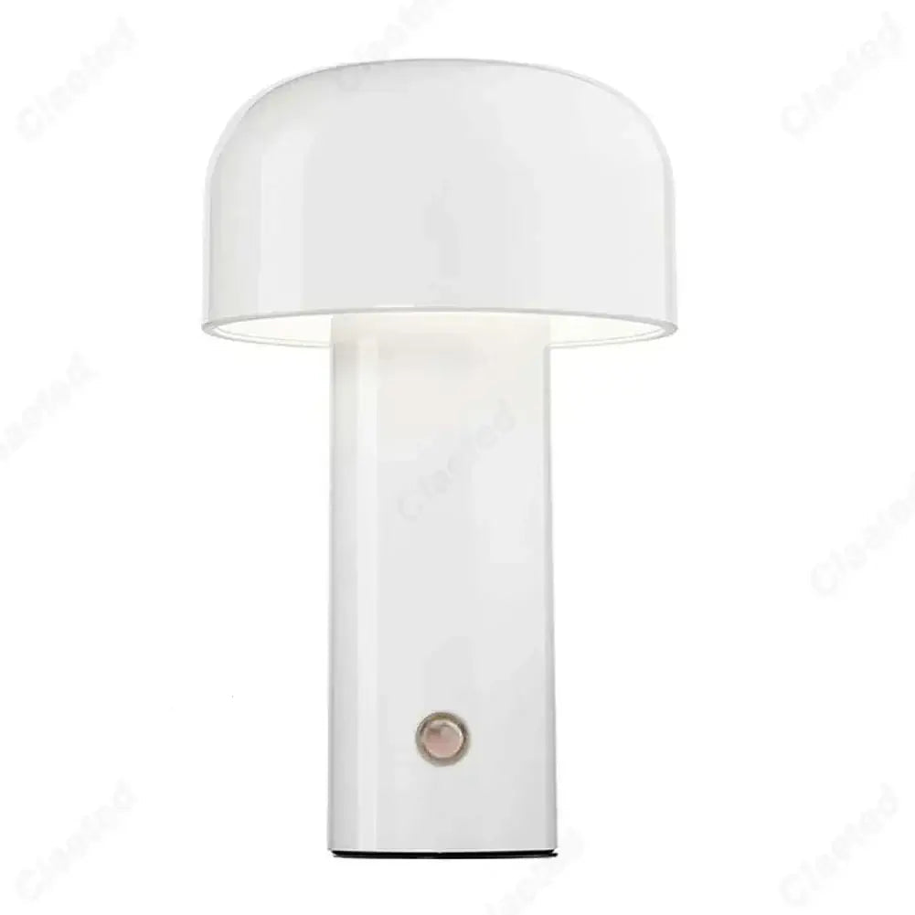 White rechargeable portable table lamp with minimalist design and glossy finish.