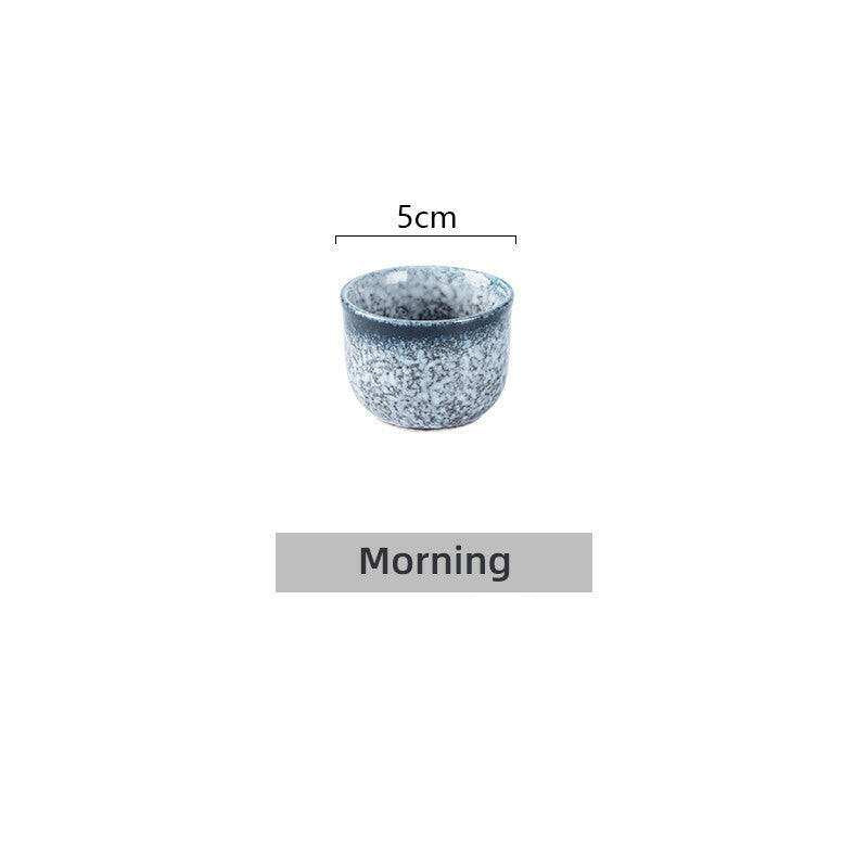 Japanese Sake Glass Ceramic, 35ml, minimalist design, blue-gray finish, dimensions 5cm x 4.8cm.