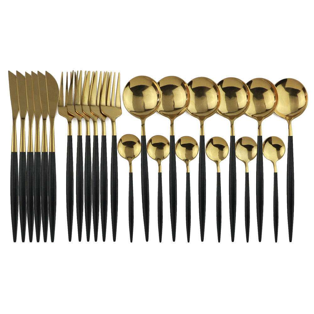 Flatware Set Stainless Steel, 24 piece stainless steel cutlery set with black handles and gold finish.