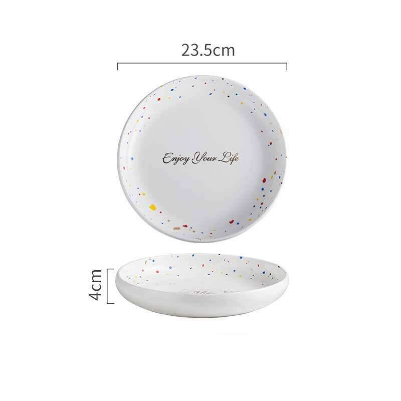 Graceful Dinnerware Set, plate with colorful dots and "Enjoy Your Life" text, 23.5cm.