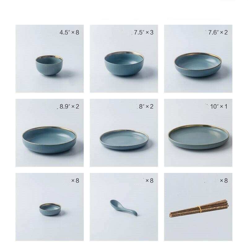 Ceramic tableware set with plates, bowls, spoons, and chopsticks in blue.