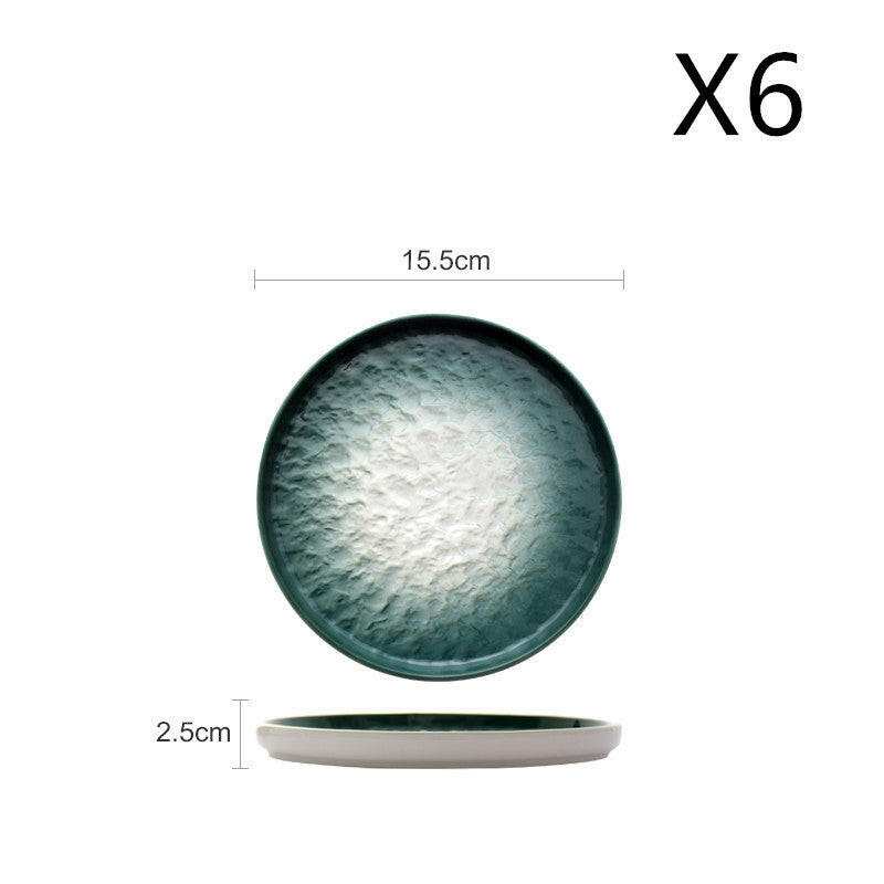 Gradient Emerald Plate Set with ceramic plates, featuring a gradient emerald design and glossy finish, 15.5cm size, set of six.