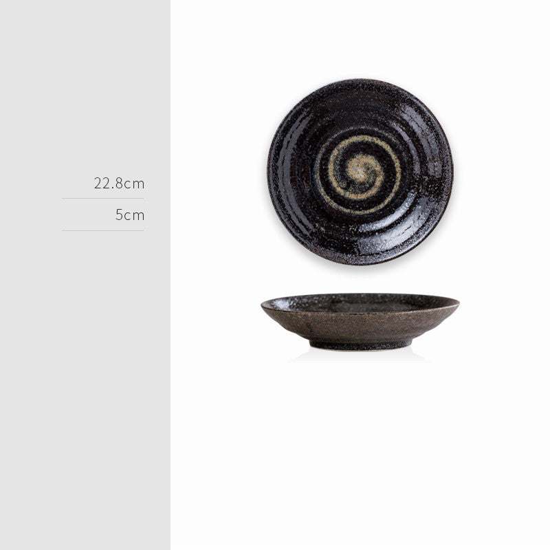 Retro Japanese ceramic plate with swirling textured pattern, measuring 22.8cm in diameter and 5cm in height. Elegant decor piece.