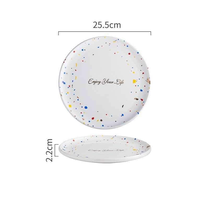 Graceful Dinnerware Set with colorful speckled dinner plates, 25.5cm. "Enjoy Your Life" text.