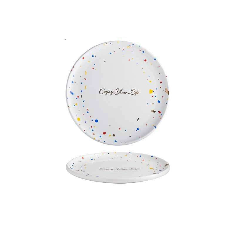 Graceful Dinnerware Set with colorful speckled dinner plates, 25.5cm. "Enjoy Your Life" text.
