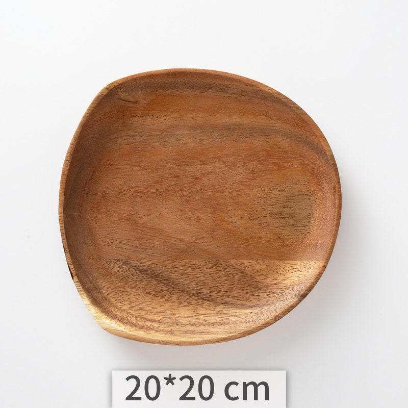 Irregular acacia wood tray with unique grain and warm tones, measuring 20x20 cm.