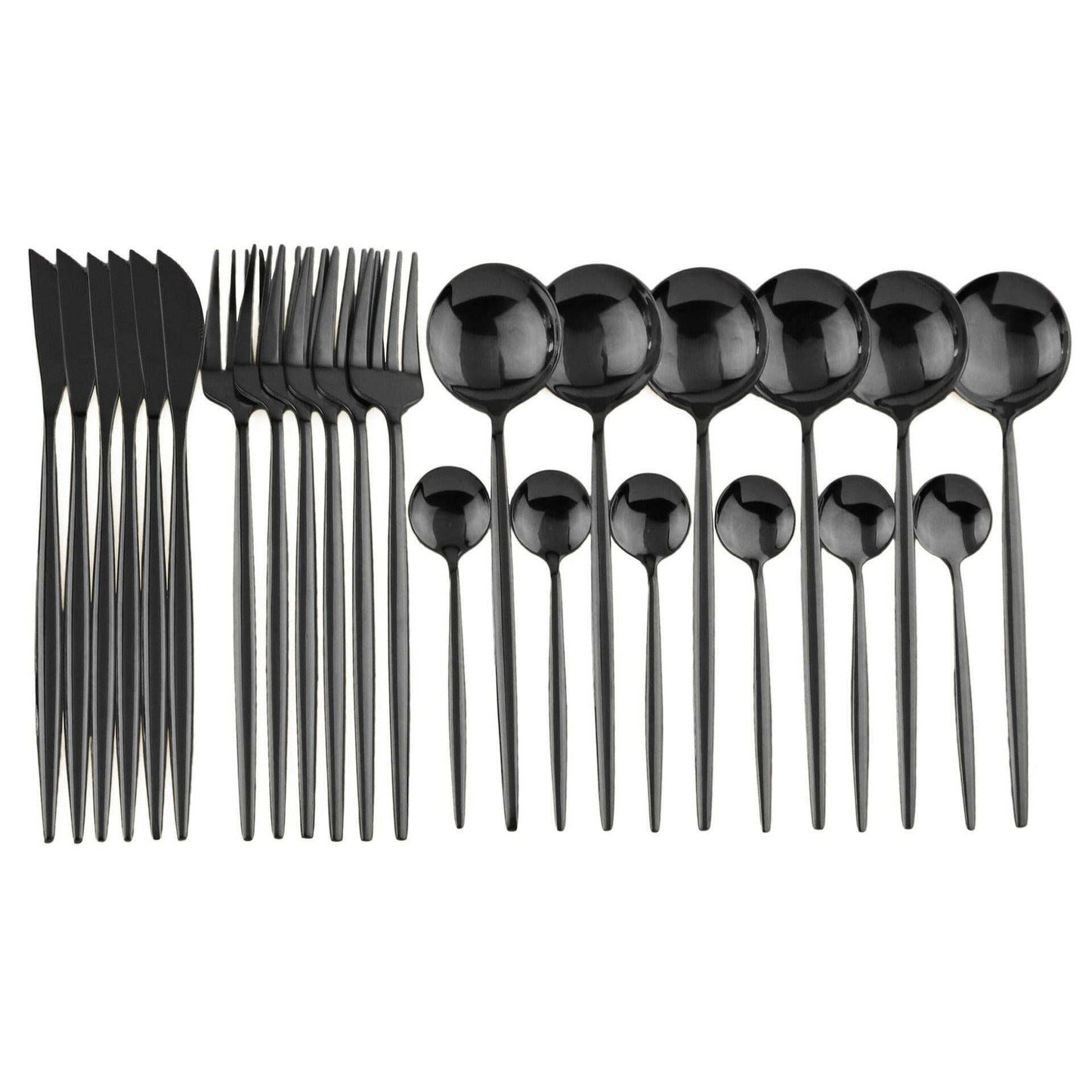 Flatware Set Stainless Steel, 24 pieces with ergonomic handles and polished finish, in black.