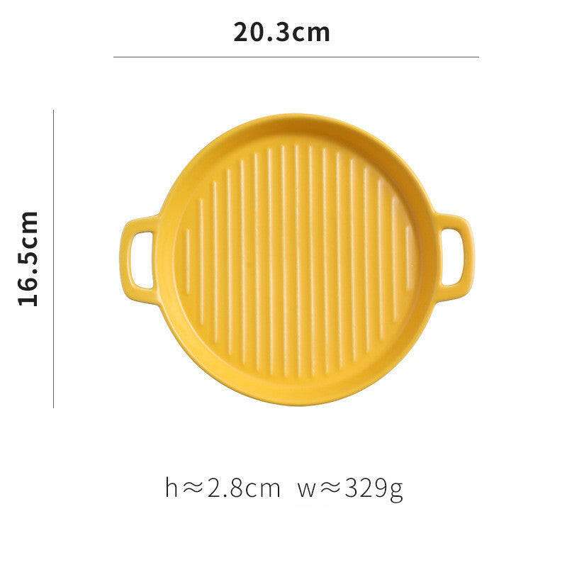 Yellow ceramic bakeware plate with handles, 20.3cm diameter, for oven, microwave, and dishwasher.