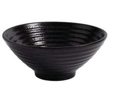 Japanese ceramic ramen bowl with a glossy black glaze and textured design.