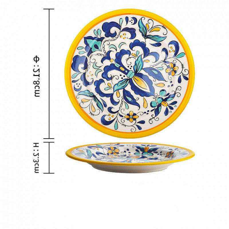 Imari Porcelain Japanese plates with vibrant floral design and yellow rim.