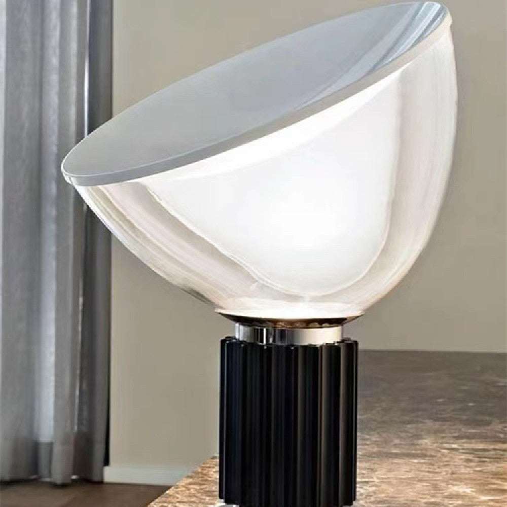 Contemporary Radar Table Lamp with tilted half-dome shade and polished silver-tone cylindrical base.