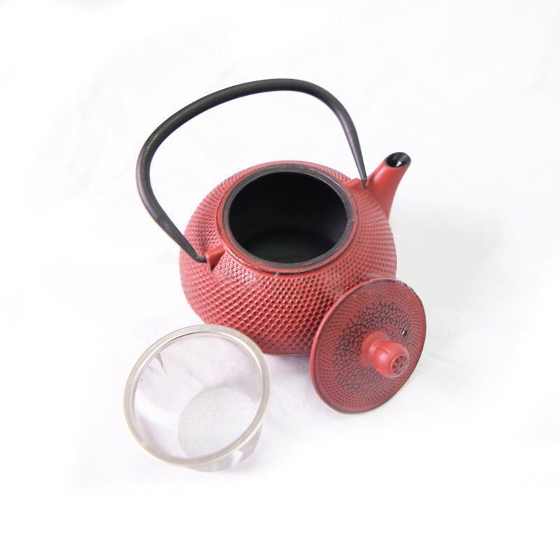 Red Teapot Set with cups, cast iron design, elegant dotted texture.