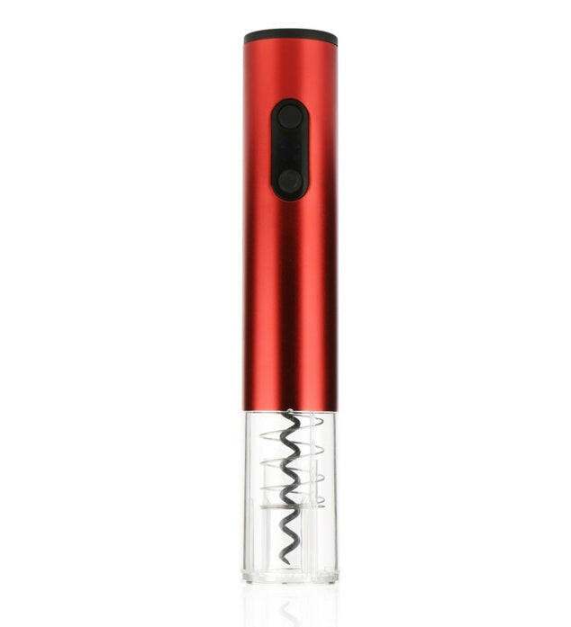 Red automatic electric wine bottle opener with sleek design and push-button mechanism.