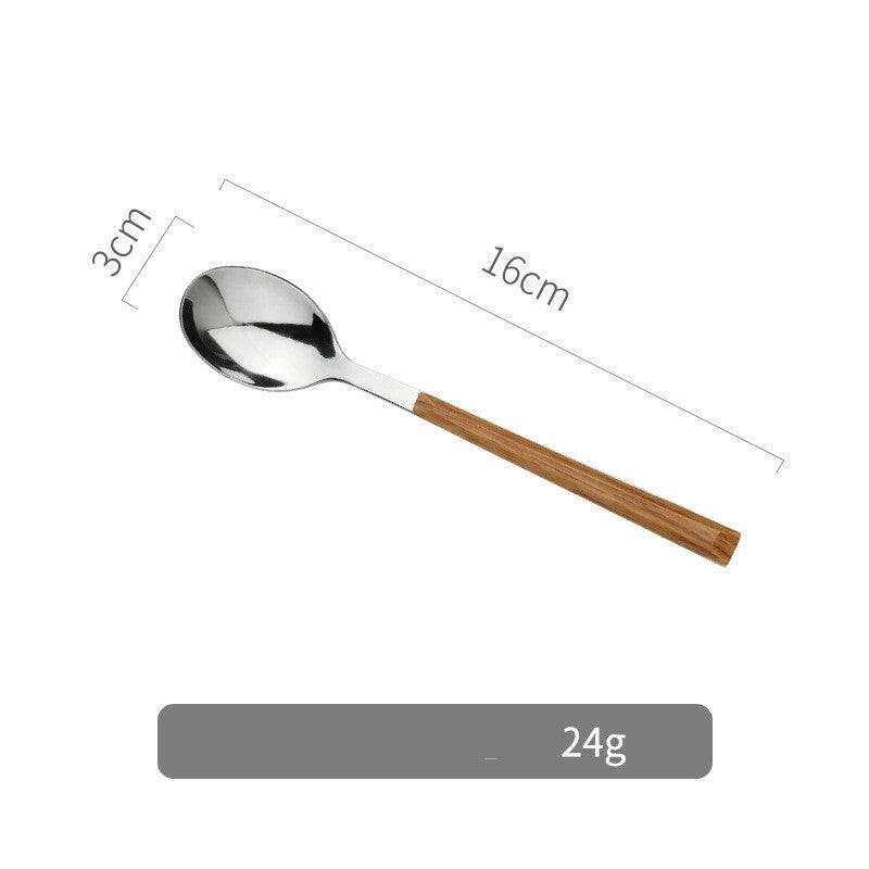 Stainless steel and wooden cutlery set, featuring a sleek spoon design with ergonomic wooden handle, 16cm length, weighing 24g.