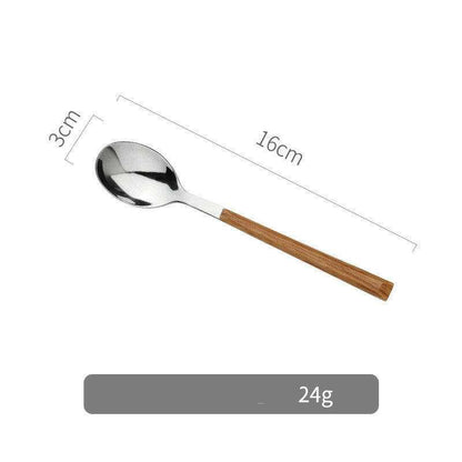 Stainless steel and wooden cutlery set, featuring a sleek spoon design with ergonomic wooden handle, 16cm length, weighing 24g.