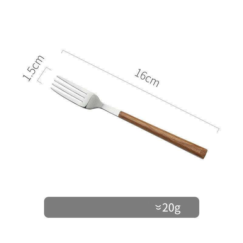 Stainless steel fork with wooden handle.