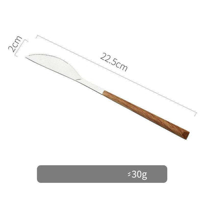 Stainless steel knife with wooden handle and ergonomic design.