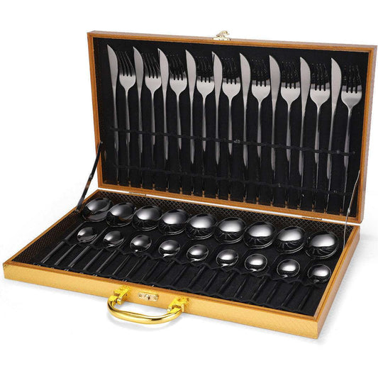 Stainless Steel Cutlery Set with 36 black pieces and elegant design.