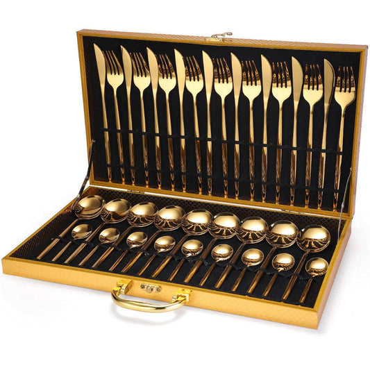 Stainless Steel Cutlery Set with 36 gold pieces and elegant design.