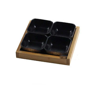 Ceramic bowls with bamboo tray set for serving appetizers and snacks.