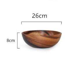 Acacia wood bowl with natural grain patterns, 26 cm in diameter and 8 cm in height.