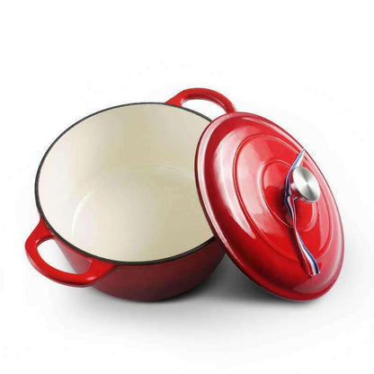 Red Cast Iron Pan Ferro with lid and ergonomic handles.