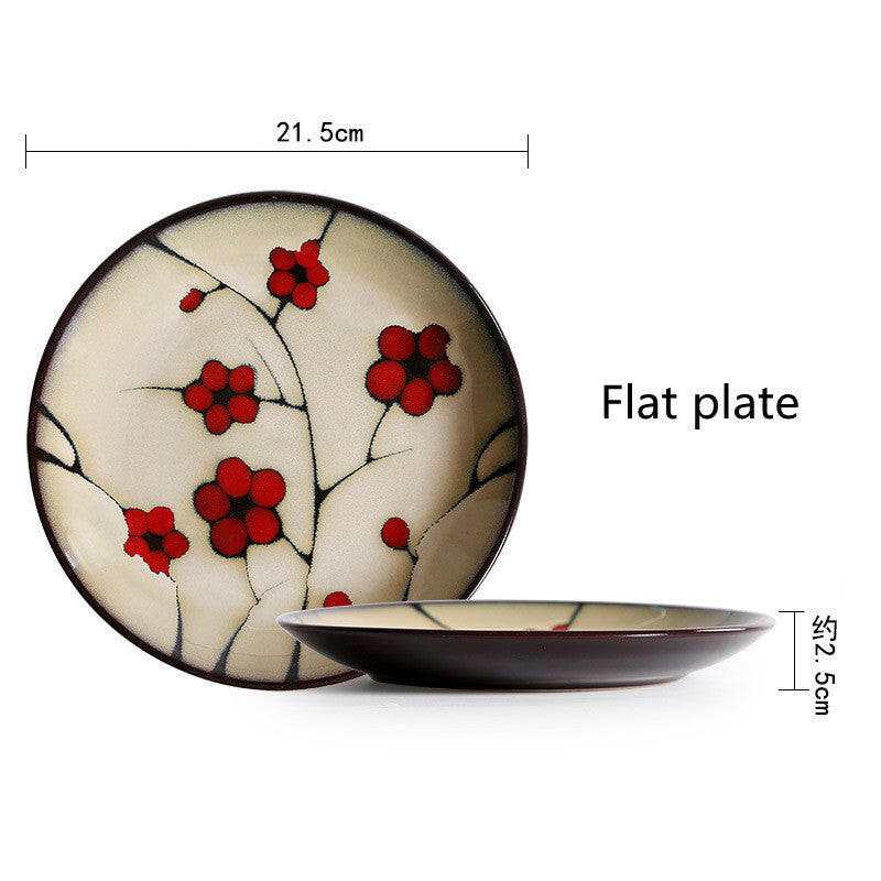 Fine Dining Dishes Japanese floral porcelain flat plate with red blossom design, 21.5 cm diameter.