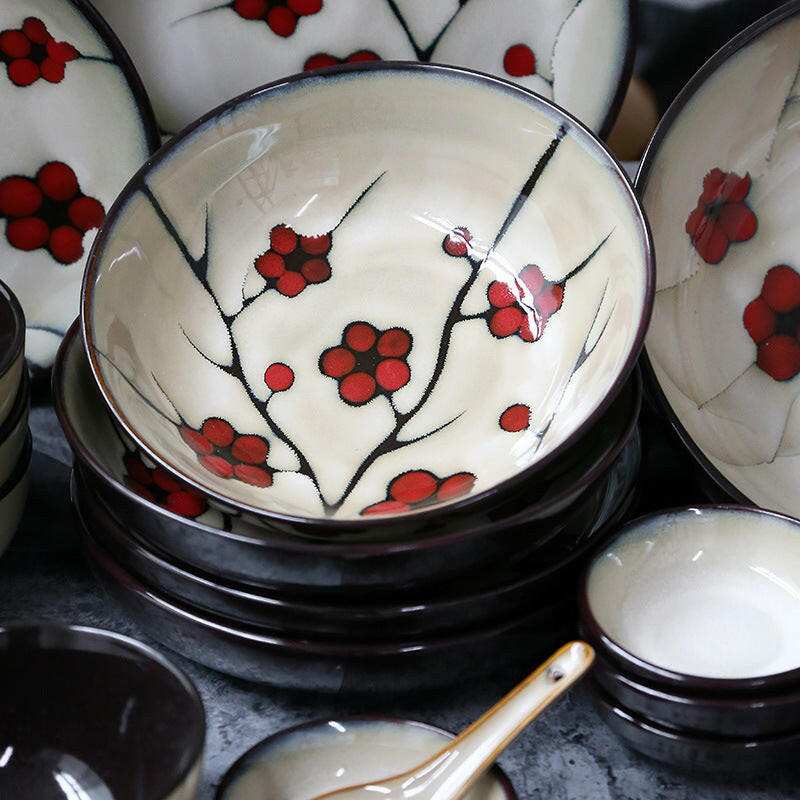 Fine Dining Dishes Japanese floral porcelain bowls with cherry blossom design.